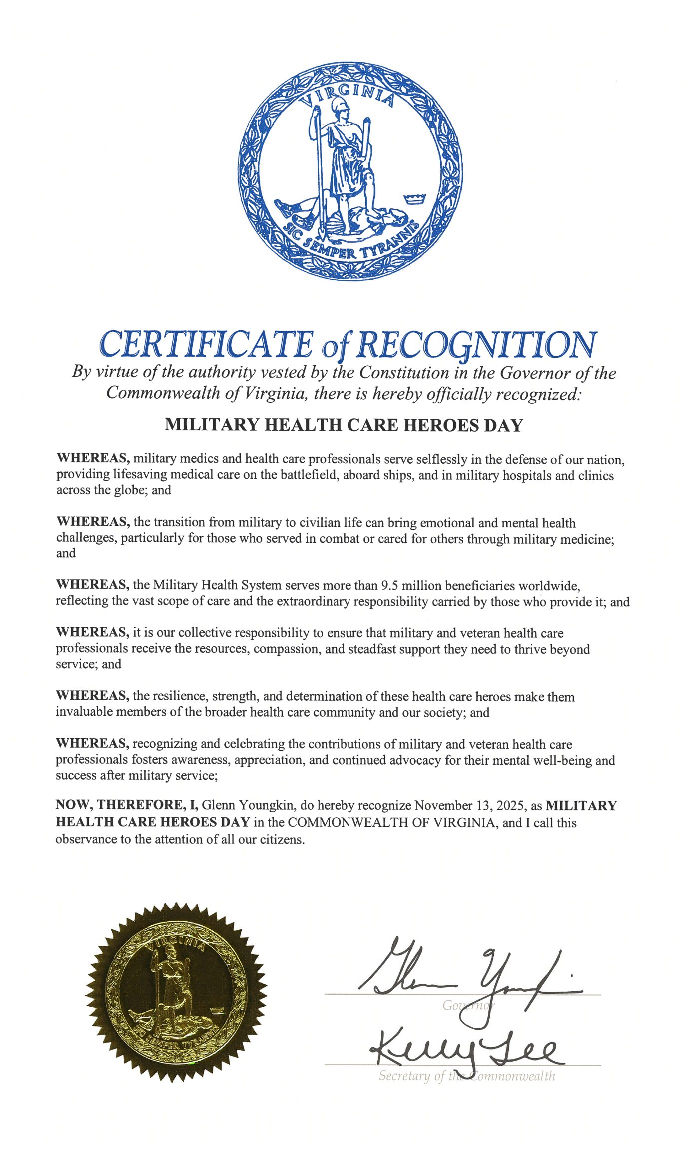 Signed Virginia certificate recognizing Military Health Care Heroes Day